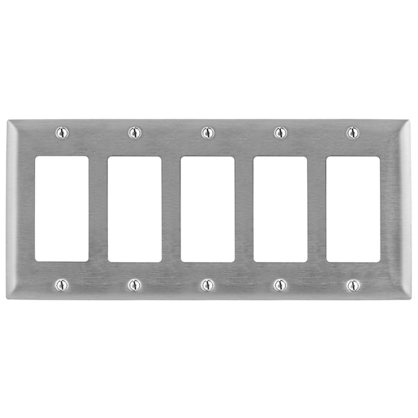 Wallplates and Boxes, Metallic Plates, 5- Gang, 5) GFCI Openings, Standard Size, Stainless Steel